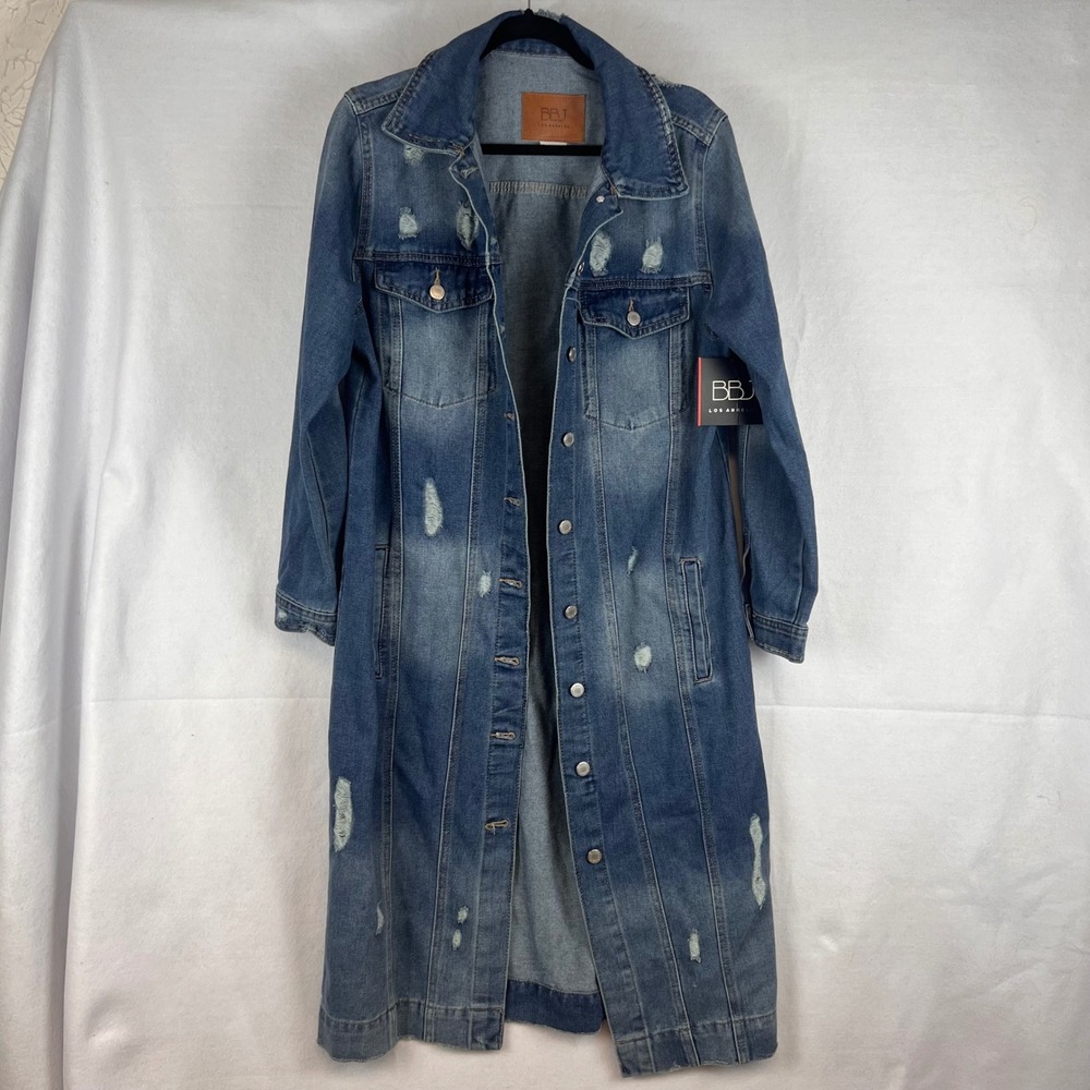 BBJ Los Angeles Womens Longline Distressed Denim Jacket Blue Duster Size M NWT